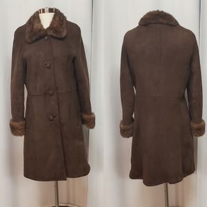 Vintage 70s Penny Lane Brown Suede Lambs Leather & Shearling & Fur Collar Coat